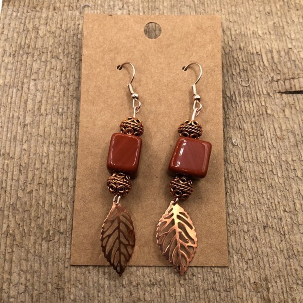 Russet Brown Agate Fallen Leaf Earrings